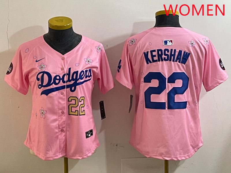 Women Los Angeles Dodgers #22 Kershaw Pink White Blue Sakura Edition 2025 Nike MLB Jersey style 3->women mlb jersey->Women Jersey